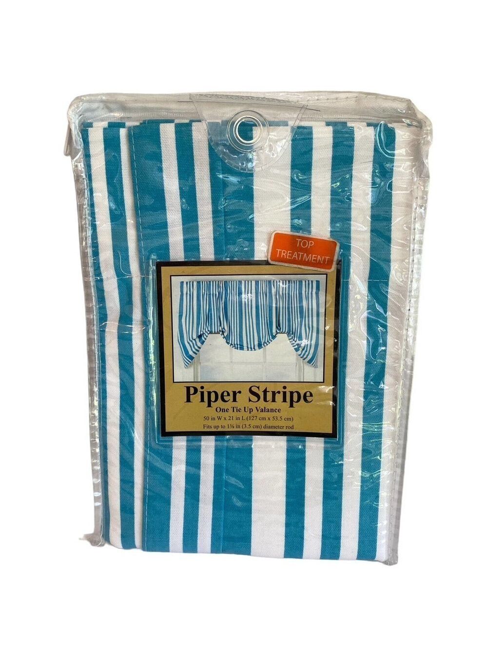 A L Ellis One 50” Tie Up Valance Piper Stripe Teal White 100% Cotton - Picture 2 of 4